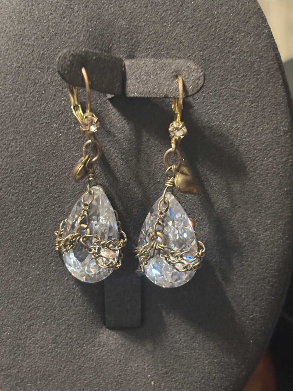 Crystal Teardrop Dangle Heart Chain Earrings - Clear/Gold